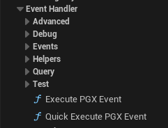 Blueprint Palette — PGX EventHandler nodes showing Core, Query, Advanced, Debug categories