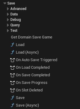 Blueprint Palette — PGX Save system nodes organized in 6 sub-categories