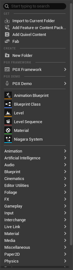 Content Browser — Right-click showing PGX DataAsset categories for all 13 systems