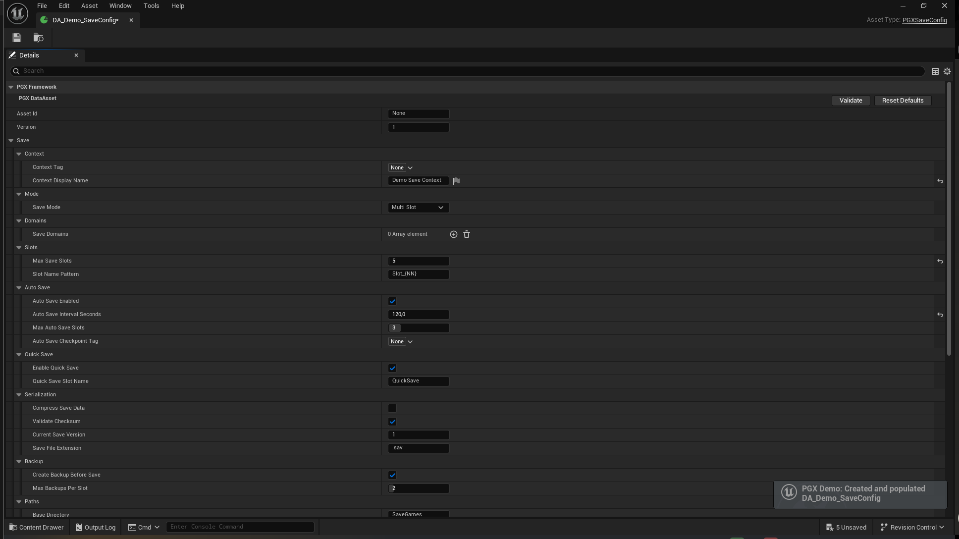 Details Panel — SaveConfig DataAsset with slots, auto-save, and serialization settings