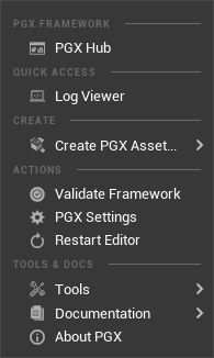 PGX Toolbar — Hub, Log Viewer, Create Asset, Validate, Settings, Tools
