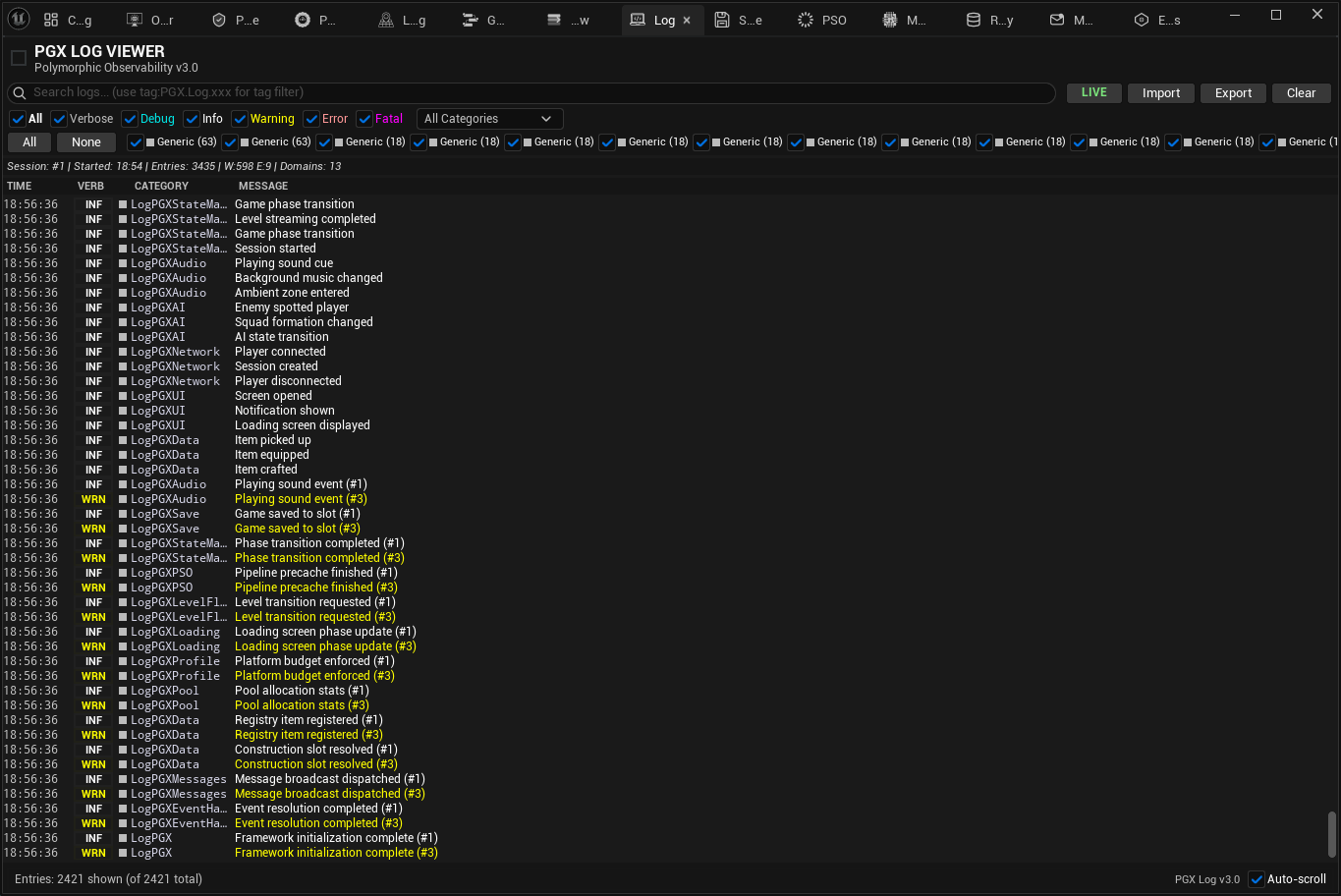 PGX Log Viewer — Polymorphic v3.0 with categorized logs, filters, and per-system color coding