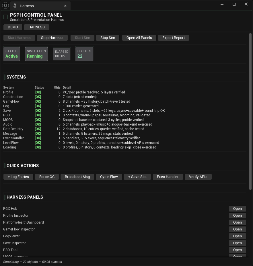 PSPH Control Panel — Test harness with 13-system deep injection and 160+ API calls