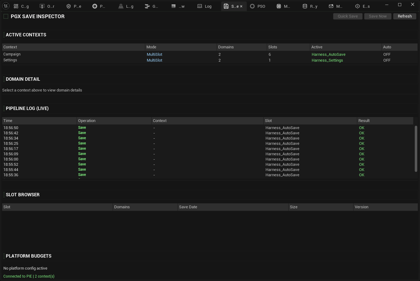 Save Inspector — Domain contexts, pipeline log, and slot browser showing runtime state